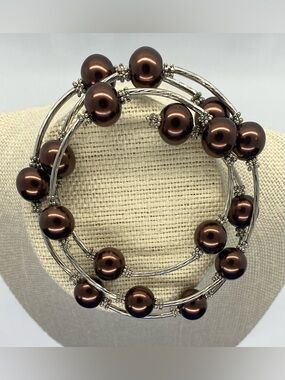 Vintage Brown Pearl Beaded Silver Wrap Bracelet Grandmillenial Festival Eclectic
